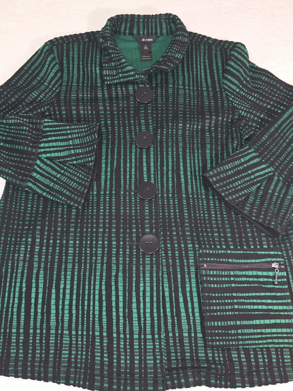 Ali Miles Green/Black ARTSY STRIPE Lightweight Button-Front Tunic Blouse Size S